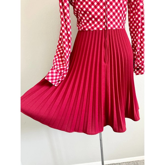 Vintage 60s 70s Red Check Skater Accordion Pleated Dagger Collar Mod Red Dress - Picture 13 of 15